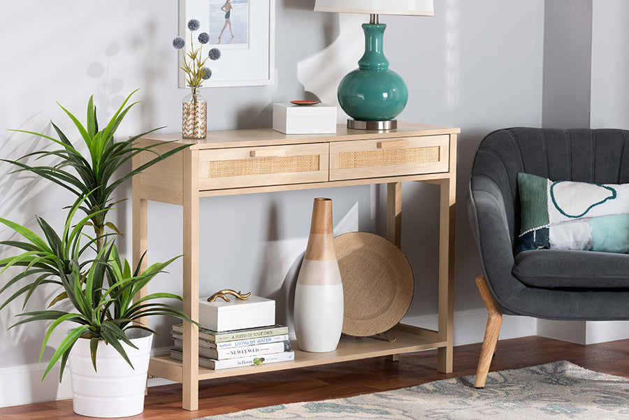 Sebille Mid-Century Modern Light Brown Finished Wood 2-Drawer Console Table with Natural Rattan