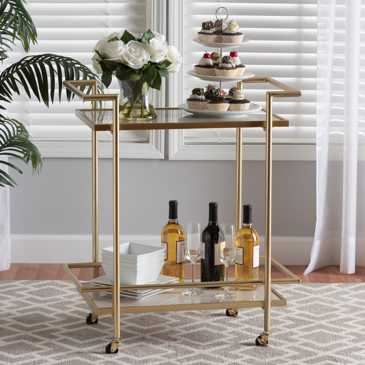 Louise Contemporary  and  Gold Metal and White Marble 2-Tier Wine Cart