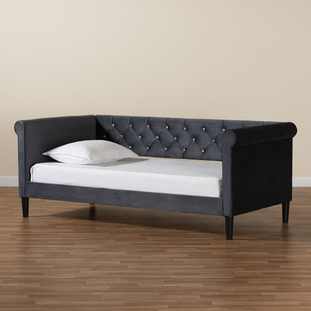 Cora Grey Velvet Fabric And Dark Brown Finished Wood Full Size Daybed