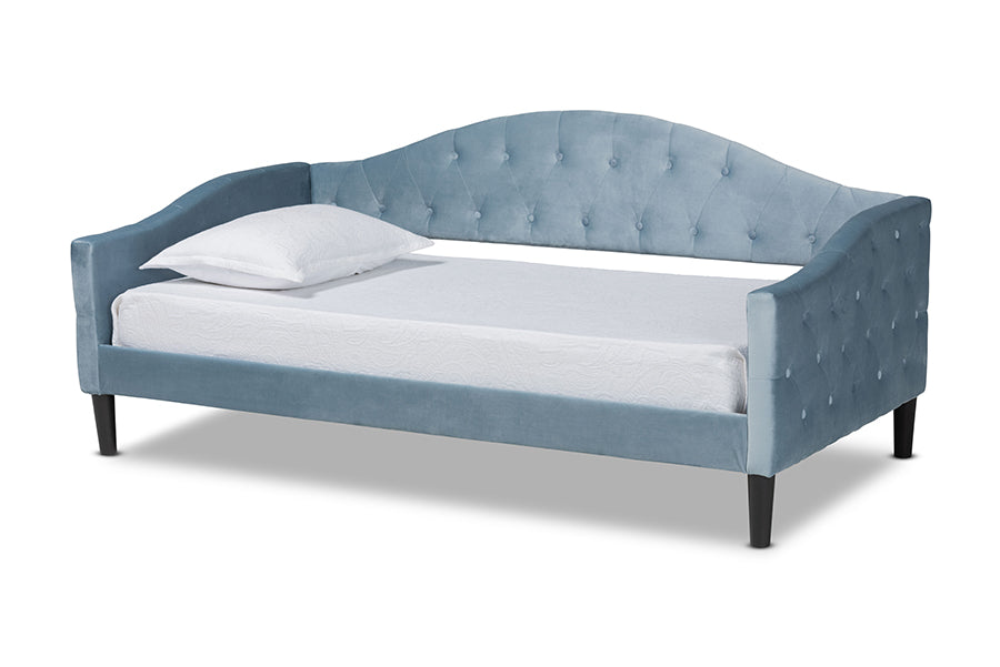 Benjamin Modern and Contemporary Light Blue Velvet Fabric Upholstered and Dark Brown Finished Wood Full Size Daybed