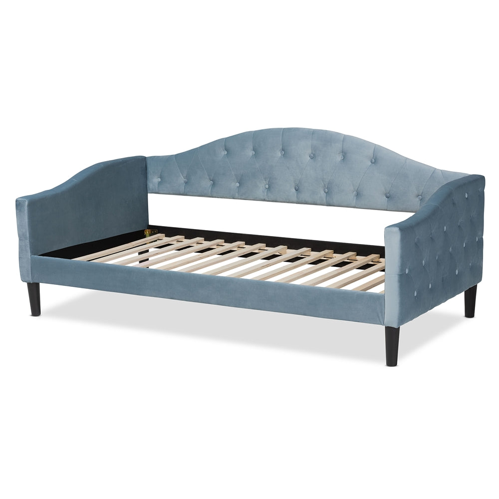 Benjamin Light Blue Velvet Fabric And Dark Brown Finished Wood Twin Size Daybed