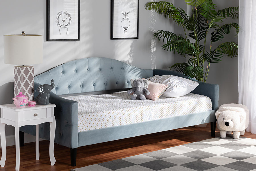Benjamin Modern and Contemporary Light Blue Velvet Fabric Upholstered and Dark Brown Finished Wood Full Size Daybed