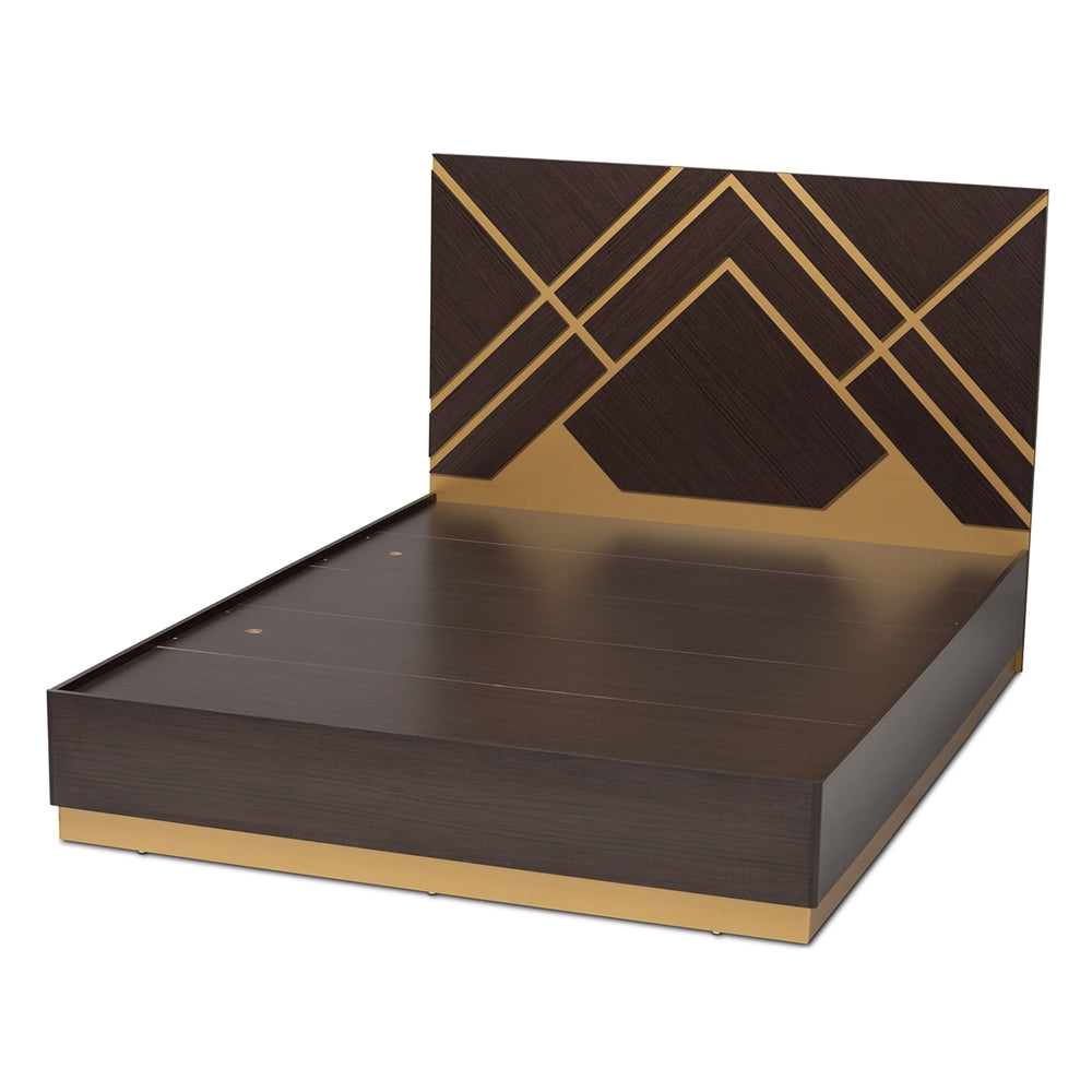 Arcelia Contemporary Glam And Luxe Two-Tone Dark Brown And Gold Finished Wood Queen Size Platform Bed