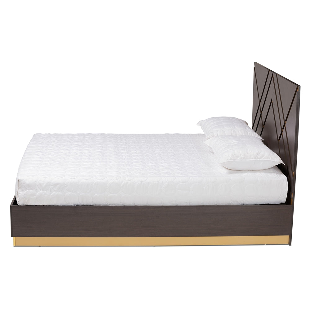 Arcelia Contemporary Glam And Luxe Two-Tone Dark Brown And Gold Finished Wood Queen Size Platform Bed