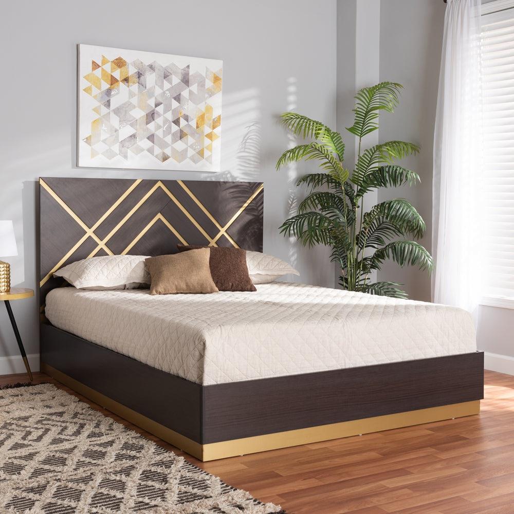 Arcelia Contemporary Glam And Luxe Two-Tone Dark Brown And Gold Finished Wood Queen Size Platform Bed