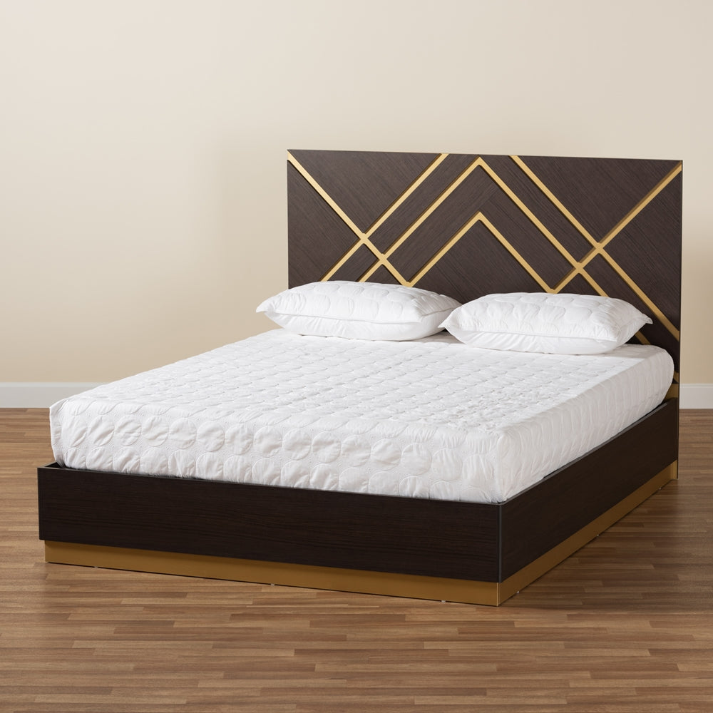 Arcelia Contemporary Glam And Luxe Two-Tone Dark Brown And Gold Finished Wood Queen Size Platform Bed