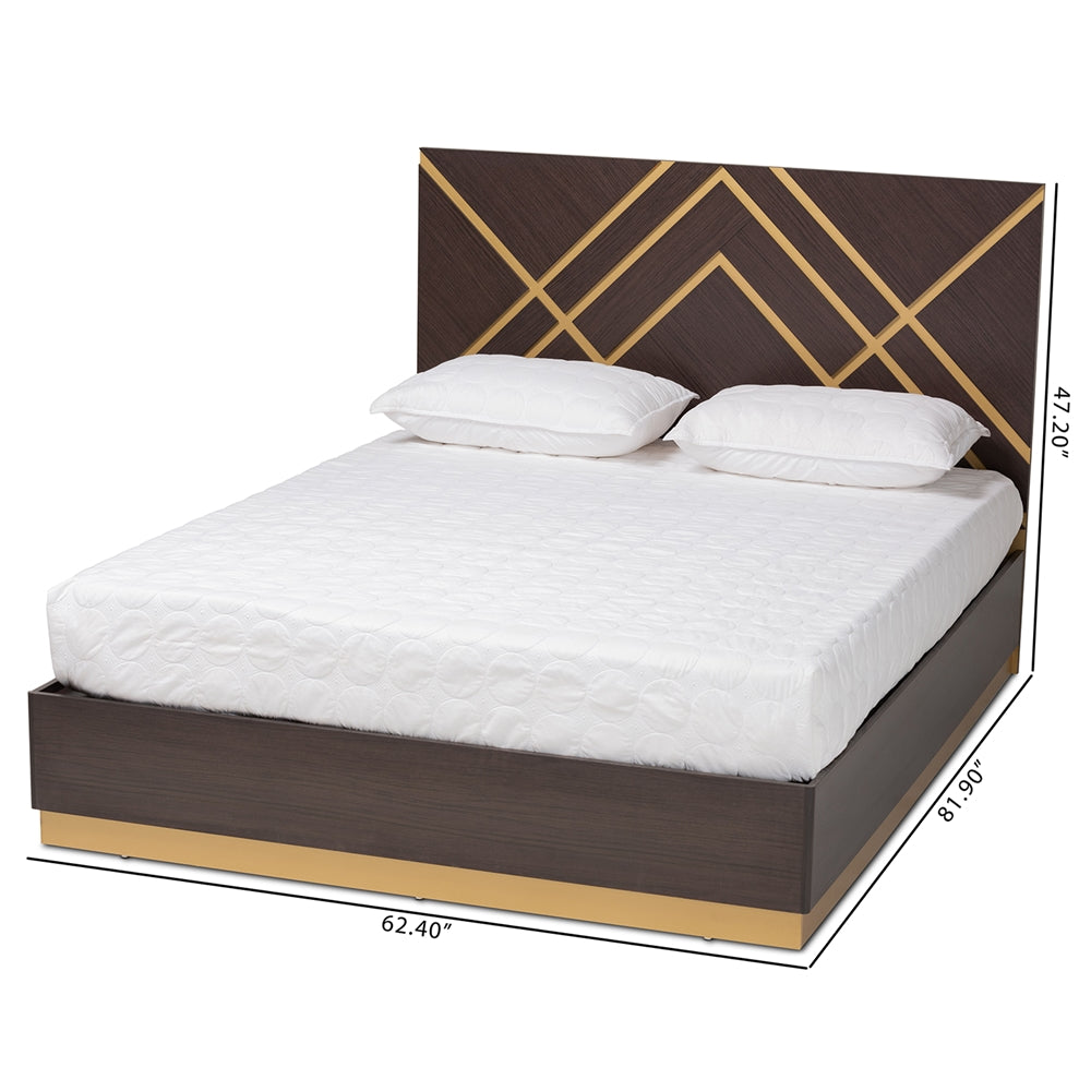 Arcelia Contemporary Glam And Luxe Two-Tone Dark Brown And Gold Finished Wood Queen Size Platform Bed