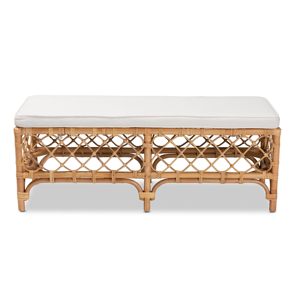 Orchard Modern Bohemian White Fabric Upholstered and Natural Brown Rattan Bench