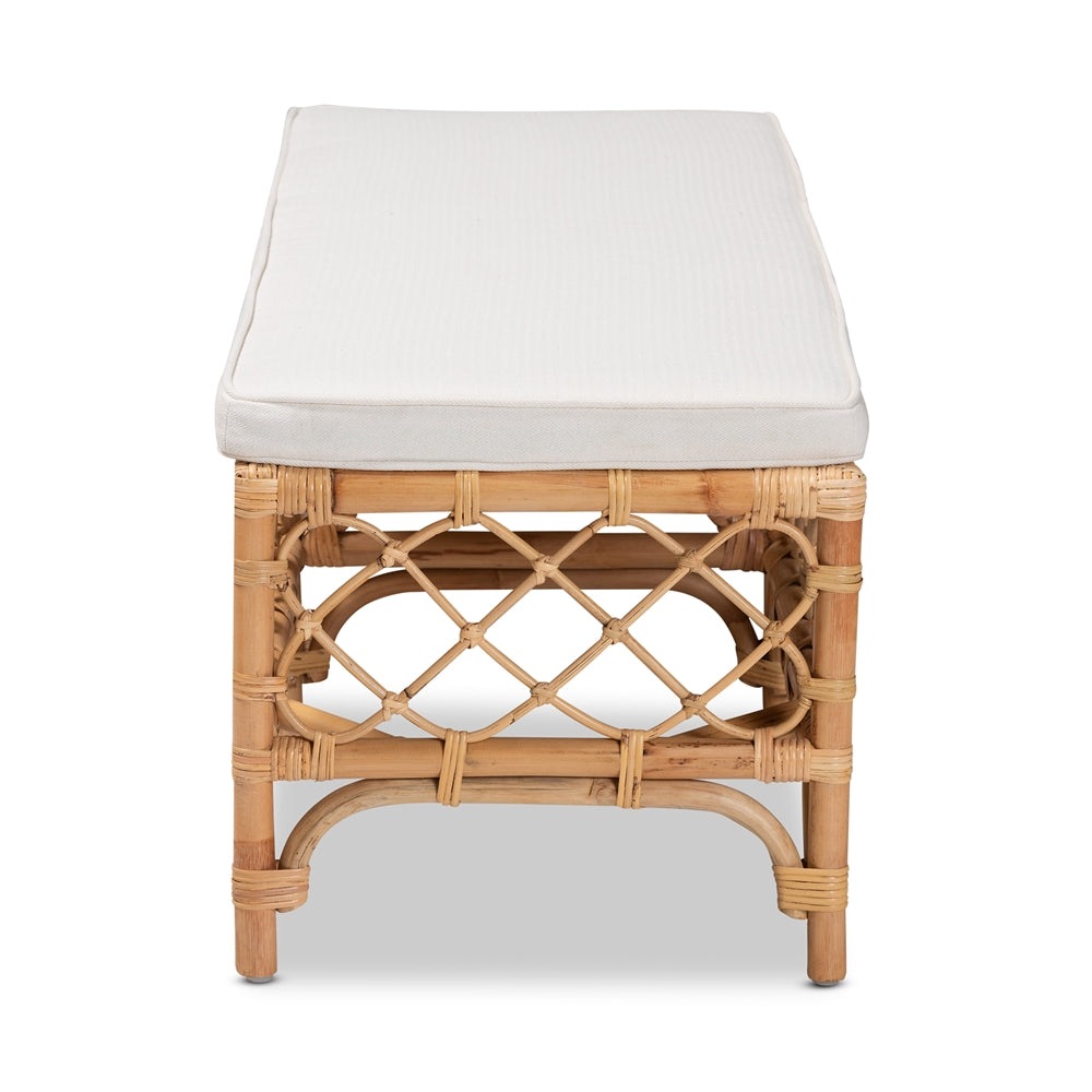 Orchard Modern Bohemian White Fabric Upholstered and Natural Brown Rattan Bench