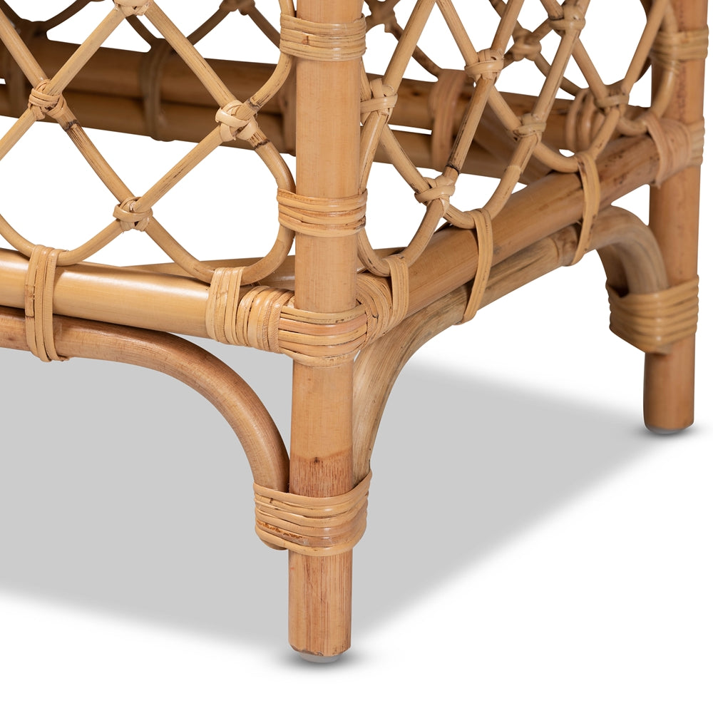 Orchard Modern Bohemian White Fabric Upholstered and Natural Brown Rattan Bench