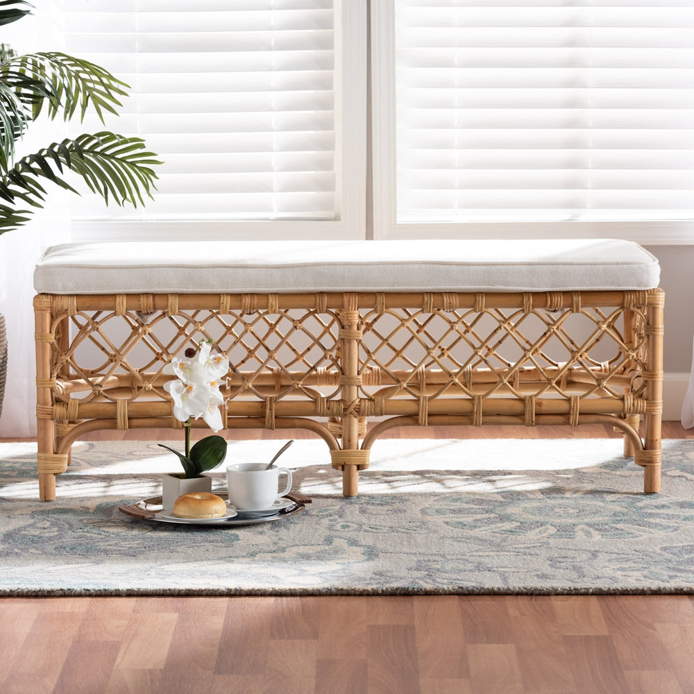 Orchard Modern Bohemian White Fabric Upholstered and Natural Brown Rattan Bench