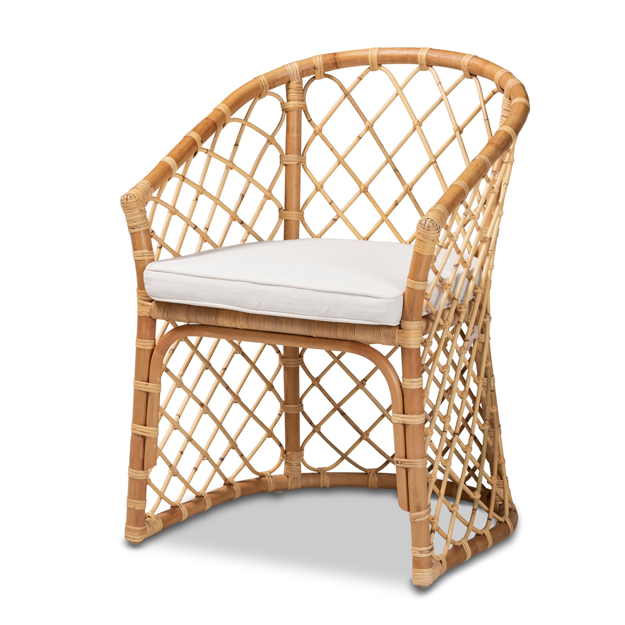 bali & pari Orchard Modern Bohemian White Fabric Upholstered and Natural Brown Rattan Dining Chair