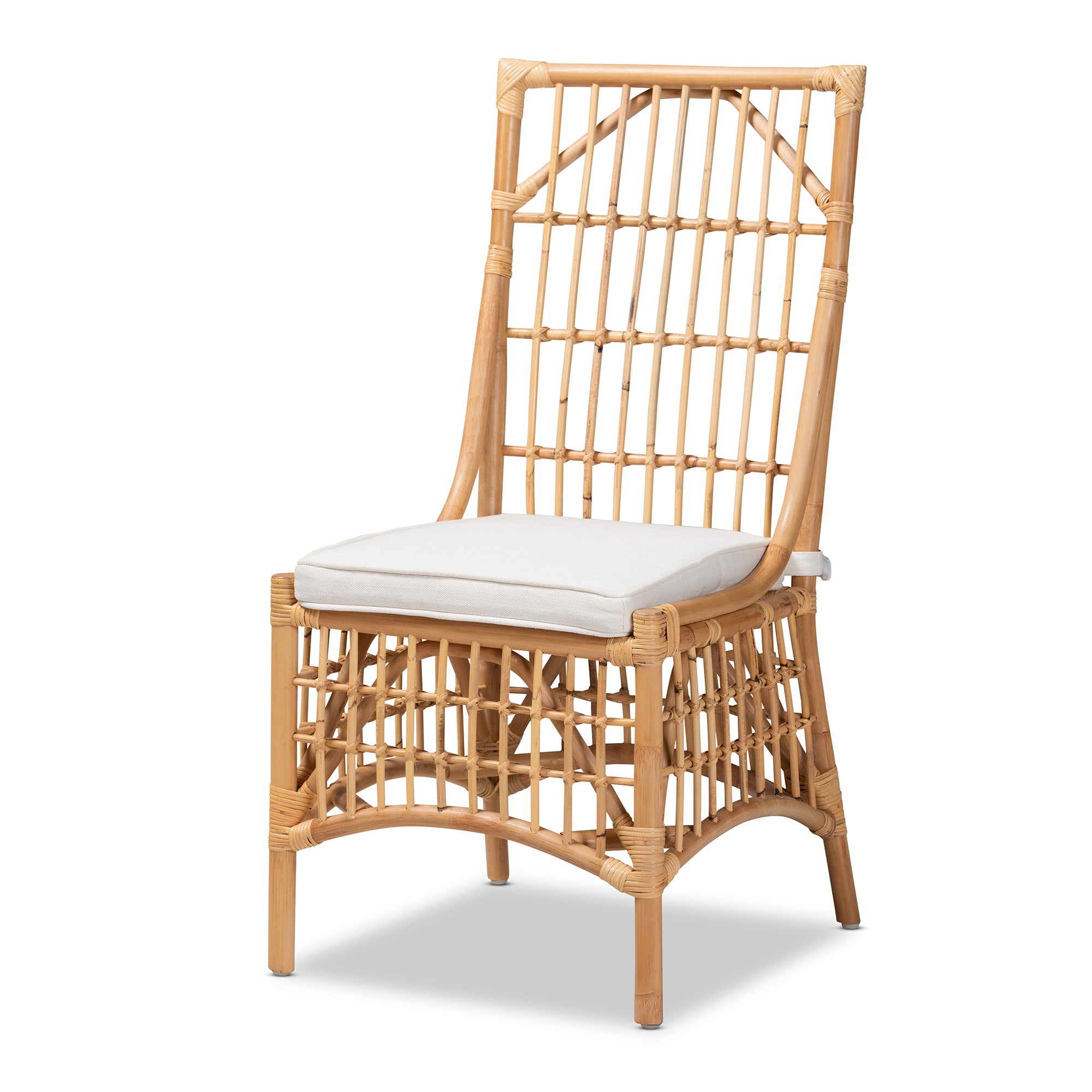 bali & pari Rose Modern Bohemian White Fabric Upholstered and Natural Brown Rattan Dining Chair