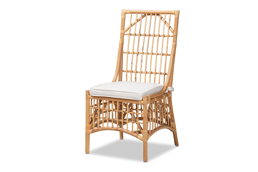 bali & pari Rose Modern Bohemian White Fabric Upholstered and Natural Brown Rattan Dining Chair