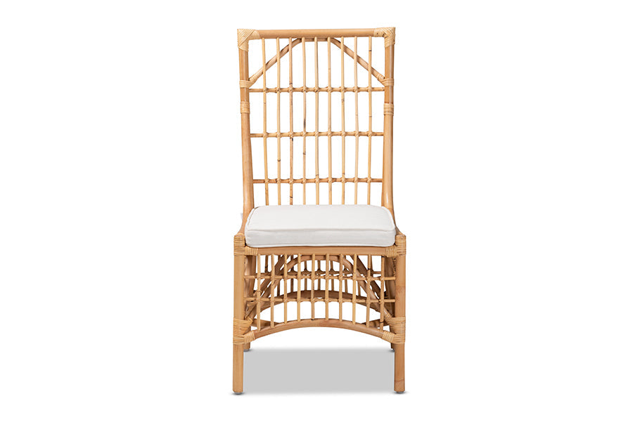 bali & pari Rose Modern Bohemian White Fabric Upholstered and Natural Brown Rattan Dining Chair