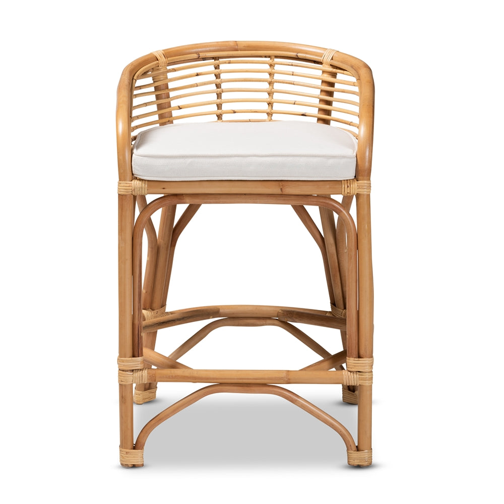 Maverick Modern Bohemian White Fabric Upholstered and Natural Brown Rattan Counter Stool