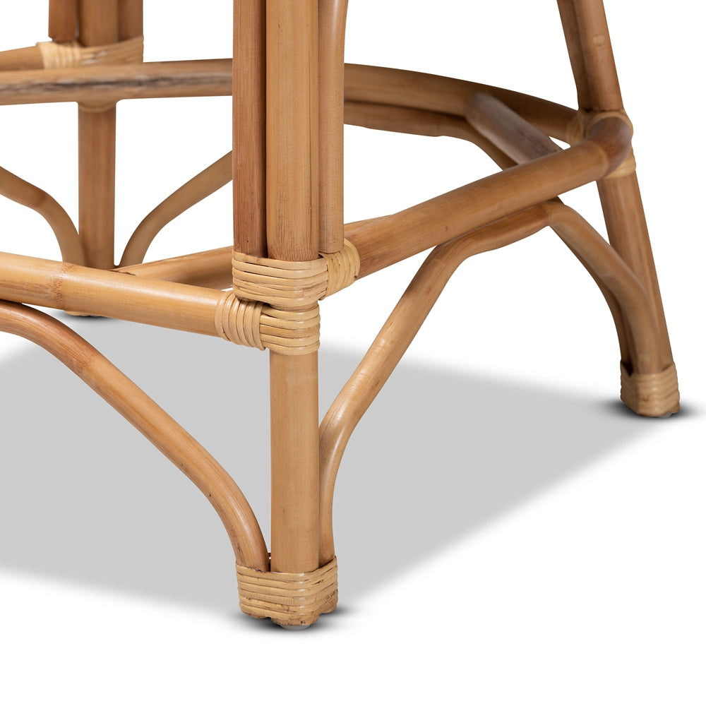 Maverick Modern Bohemian White Fabric Upholstered and Natural Brown Rattan Counter Stool