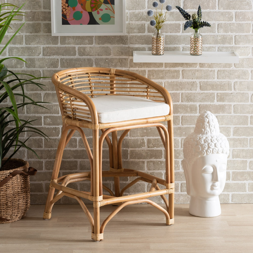 Maverick Modern Bohemian White Fabric Upholstered and Natural Brown Rattan Counter Stool