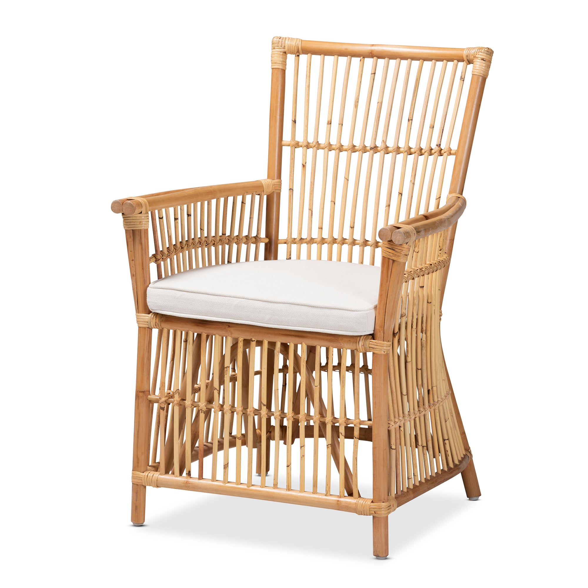 bali & pari Rose Modern Bohemian White Fabric Upholstered and Natural Brown Rattan Armchair