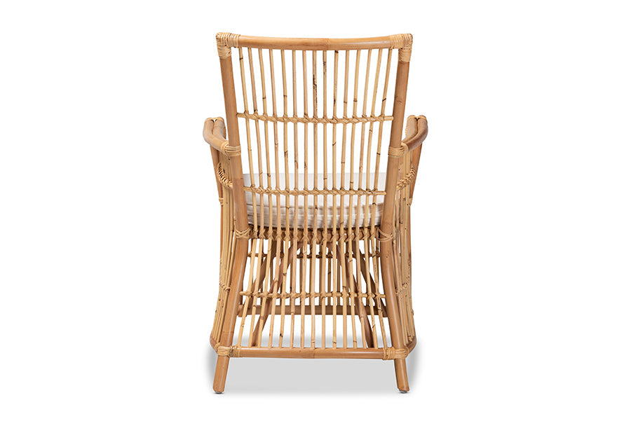 bali & pari Rose Modern Bohemian White Fabric Upholstered and Natural Brown Rattan Armchair