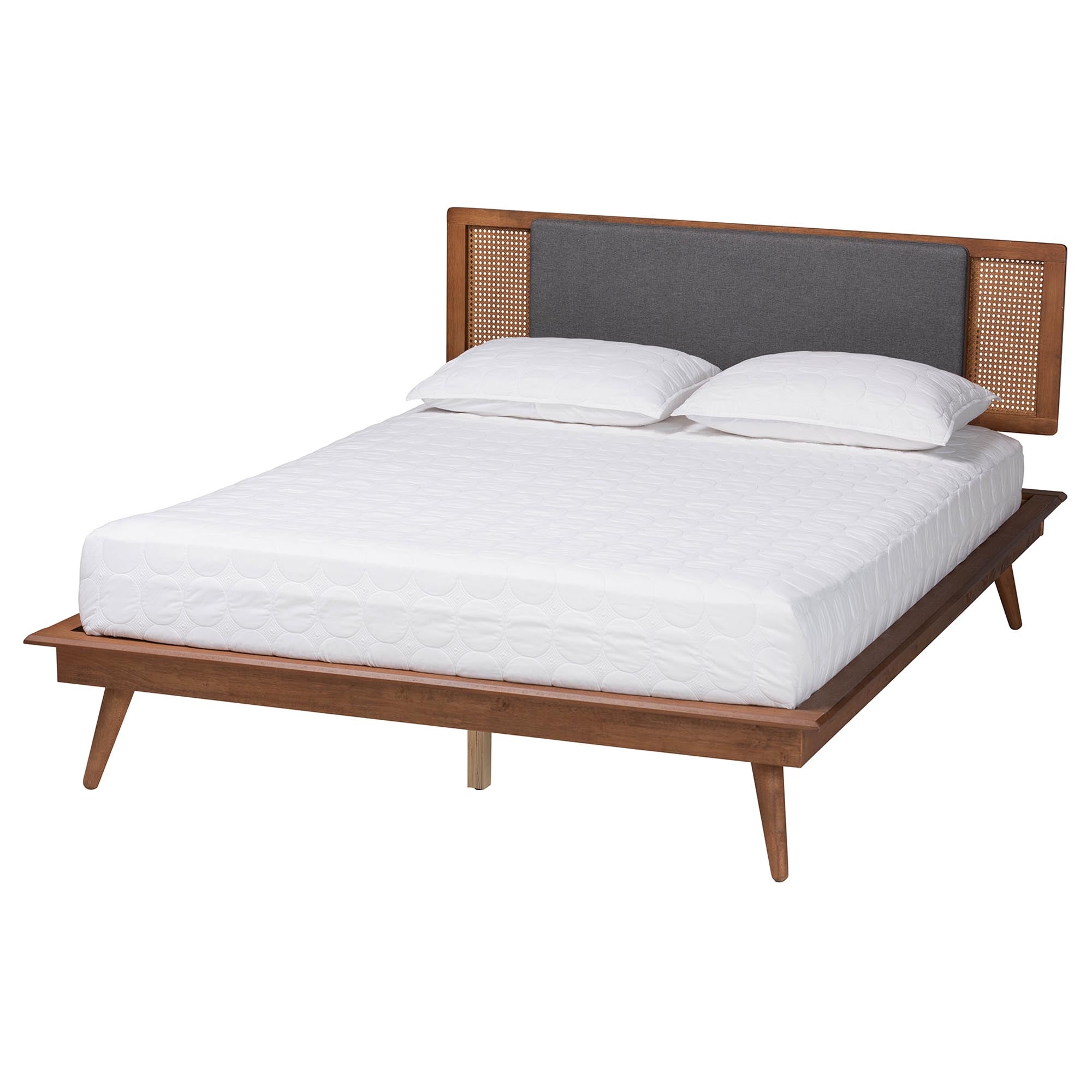 Delfina Mid-Century Modern Dark Grey Fabric And Walnut Brown Finished Wood Full Size Platform Bed