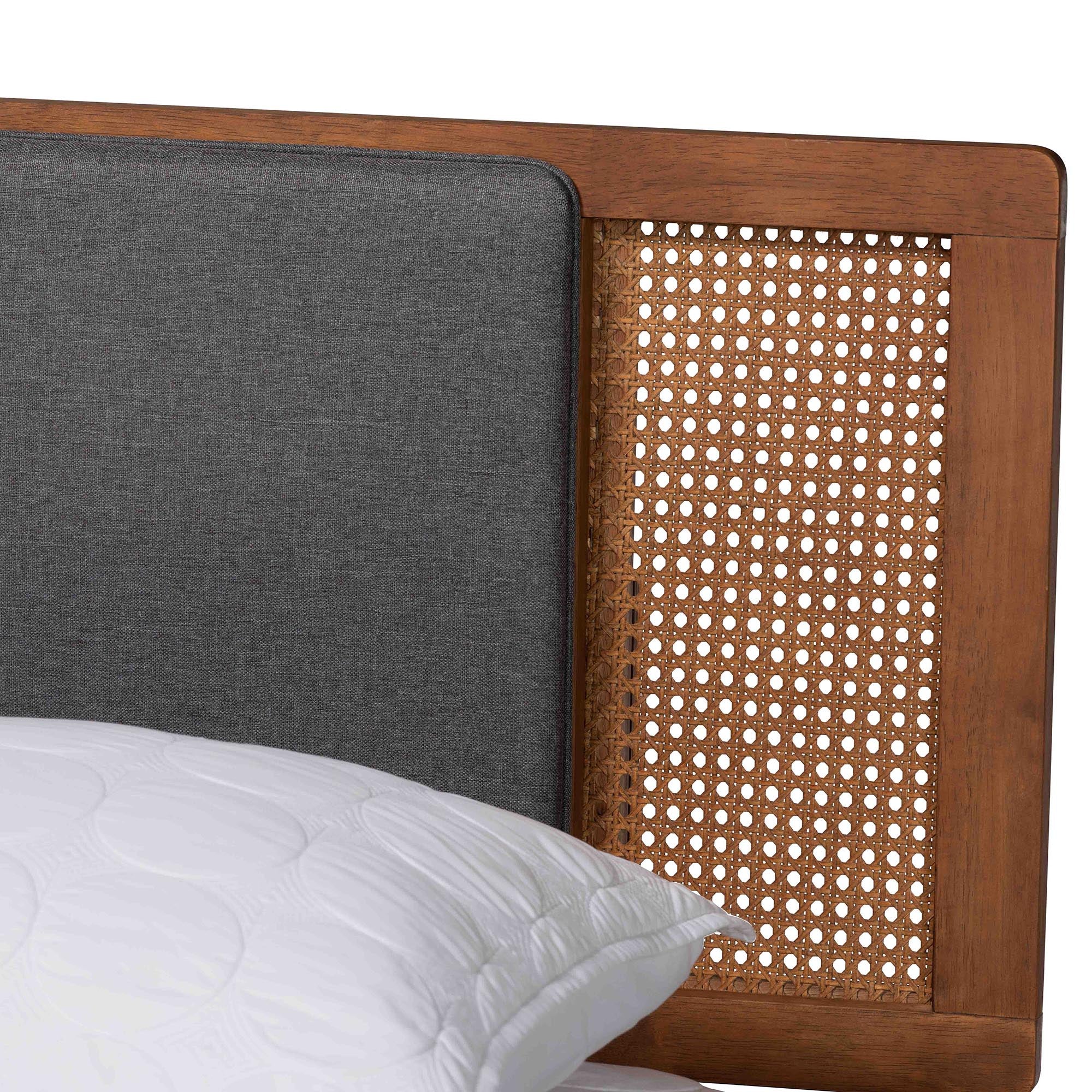 Delfina Mid-Century Modern Dark Grey Fabric And Walnut Brown Finished Wood King Size Platform Bed