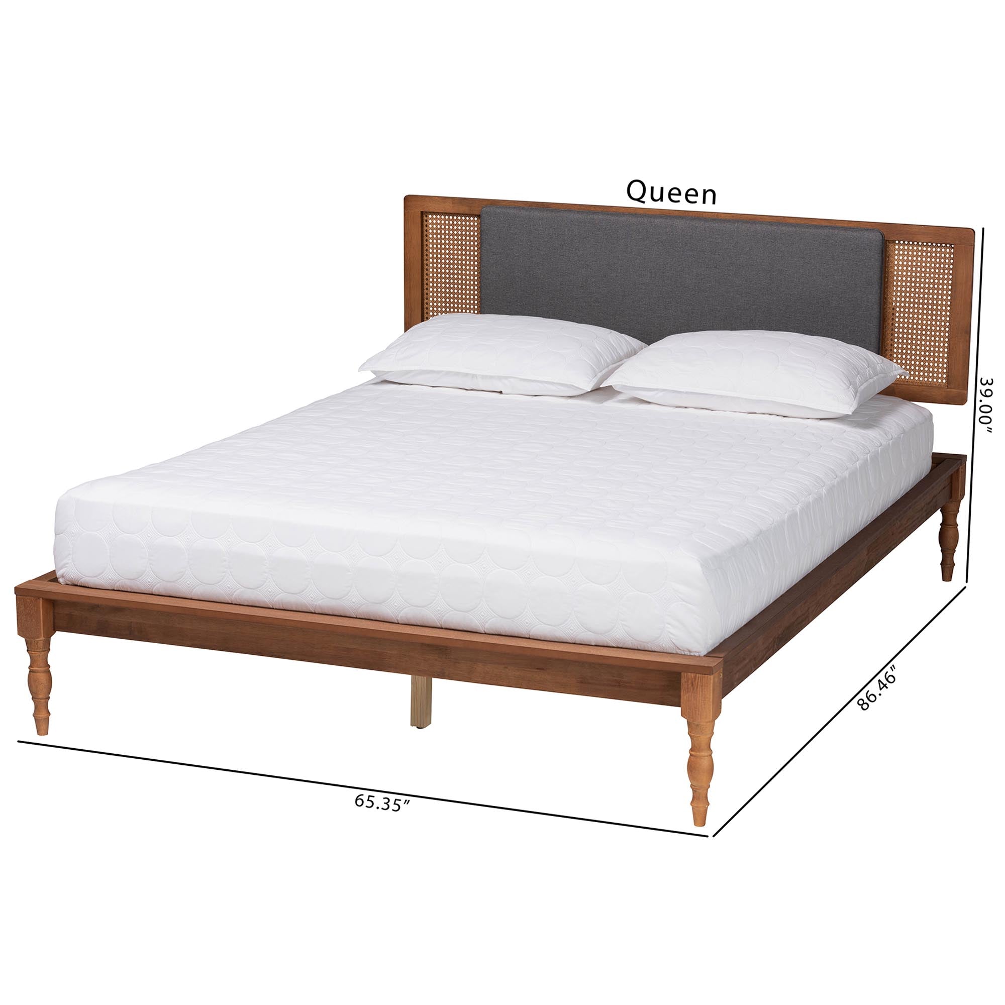 Eliseo Mid-Century Modern Dark Grey Fabric And Walnut Brown Finished Wood Queen Size Platform Bed