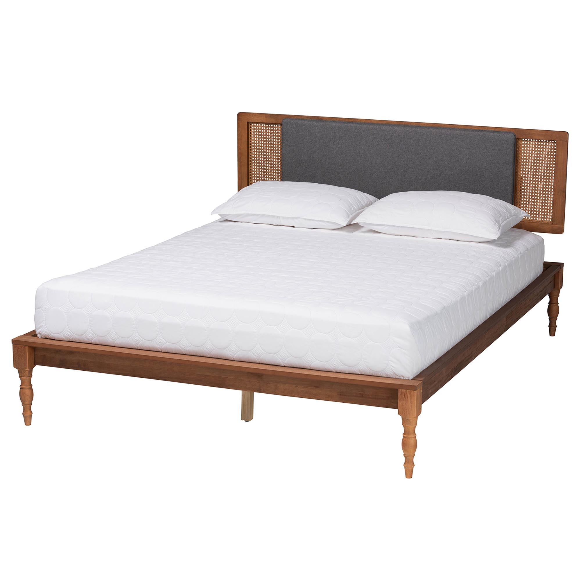 Eliseo Mid-Century Modern Dark Grey Fabric And Walnut Brown Finished Wood Queen Size Platform Bed