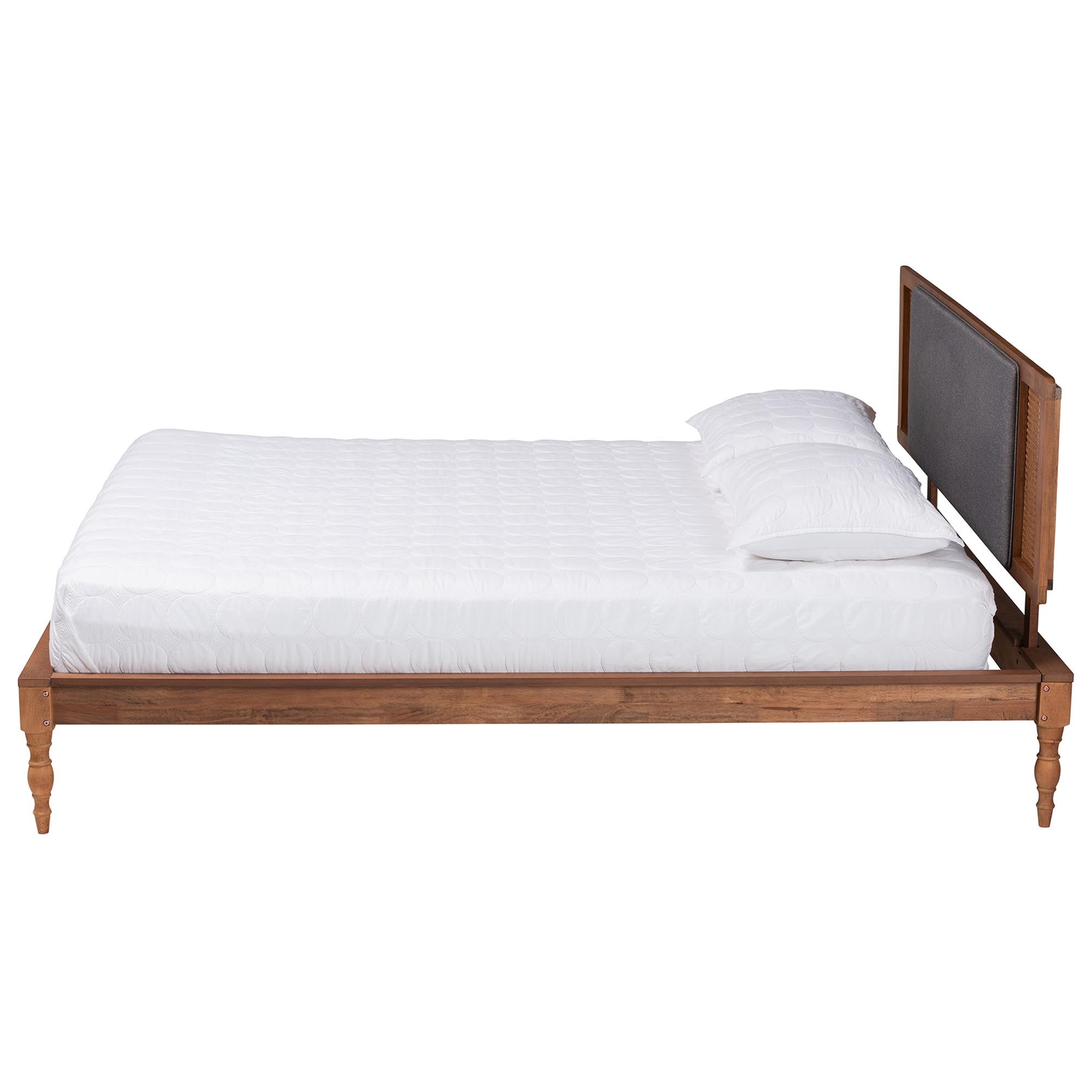 Eliseo Mid-Century Modern Dark Grey Fabric And Walnut Brown Finished Wood Queen Size Platform Bed