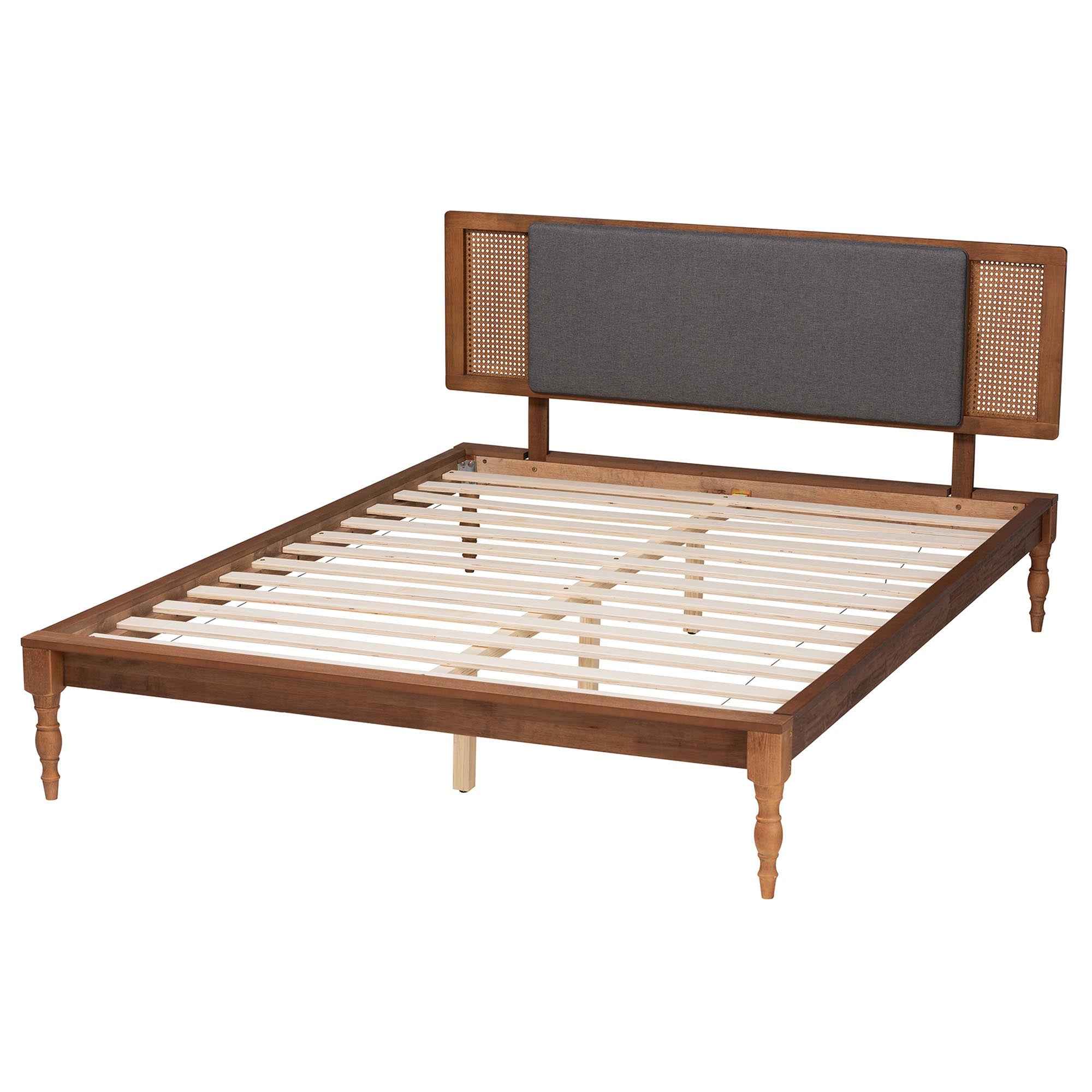 Eliseo Mid-Century Modern Dark Grey Fabric And Walnut Brown Finished Wood Queen Size Platform Bed