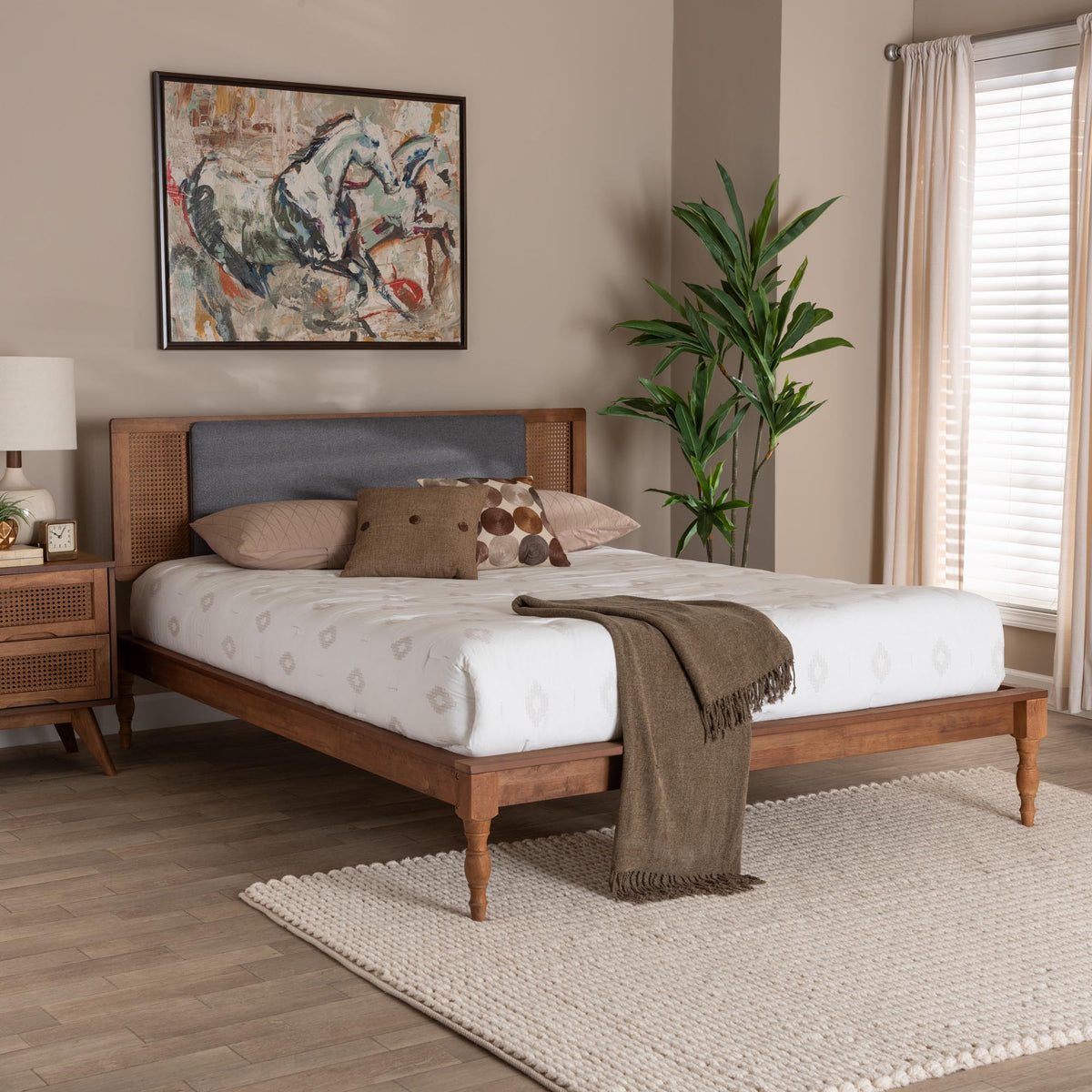 Eliseo Mid-Century Modern Dark Grey Fabric And Walnut Brown Finished Wood Full Size Platform Bed