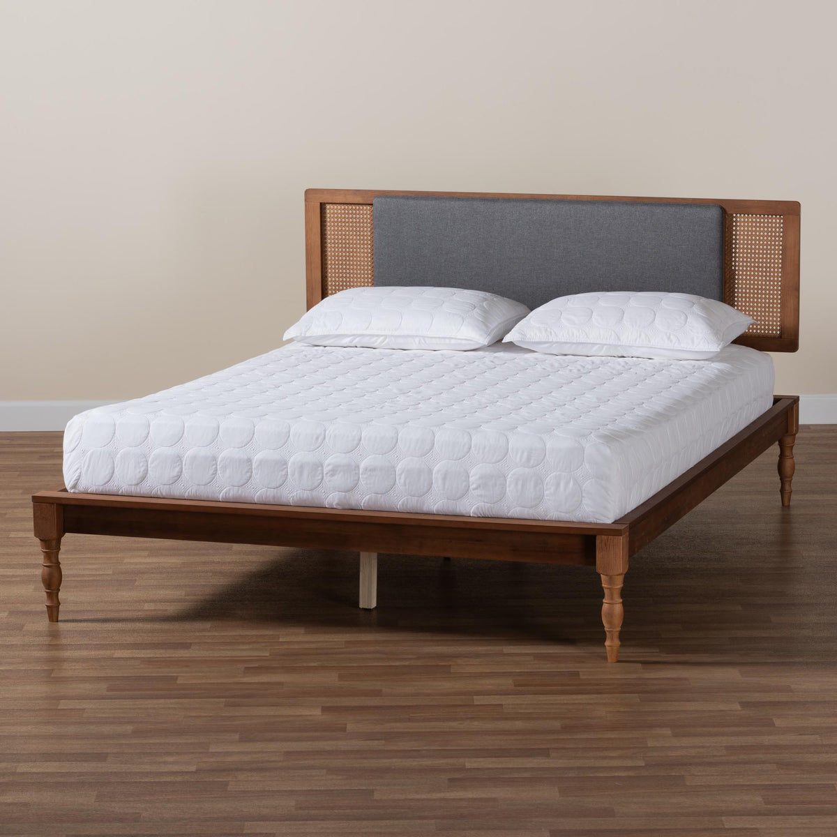 Eliseo Mid-Century Modern Dark Grey Fabric And Walnut Brown Finished Wood King Size Platform Bed