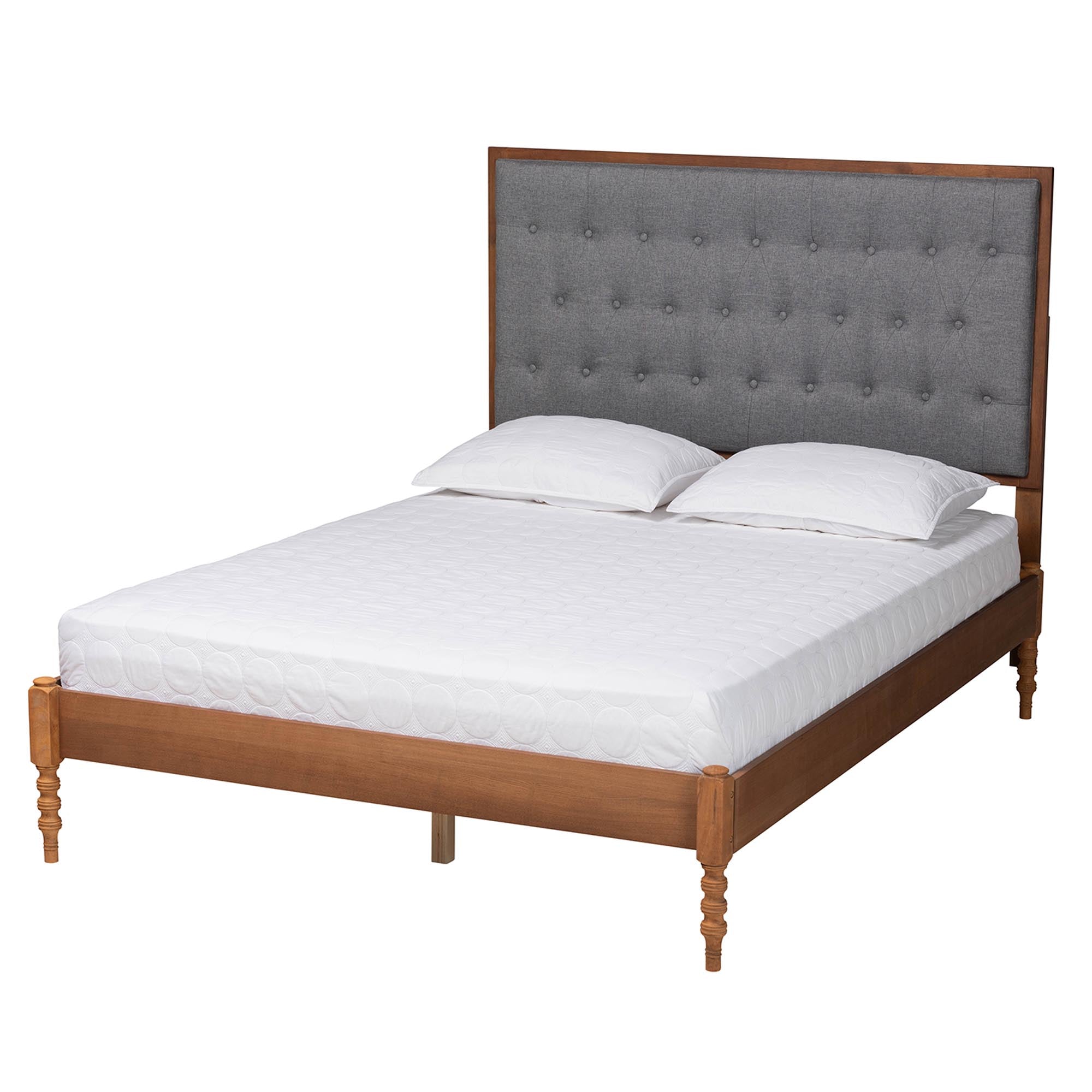 Odeya Classic And Traditional Grey Fabric And Walnut Brown Finished Wood Queen Size Platform Bed