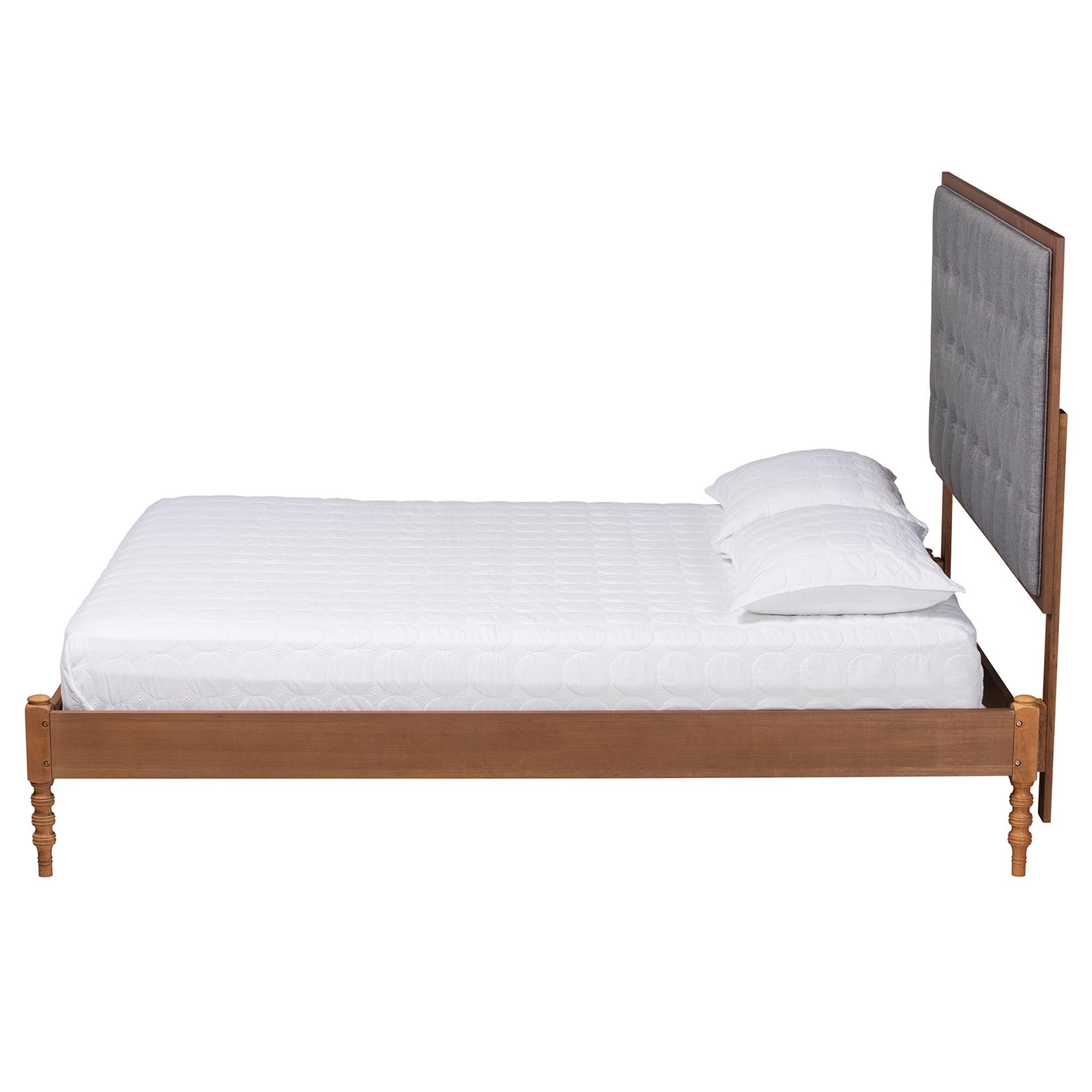 Odeya Classic And Traditional Grey Fabric And Walnut Brown Finished Wood Queen Size Platform Bed