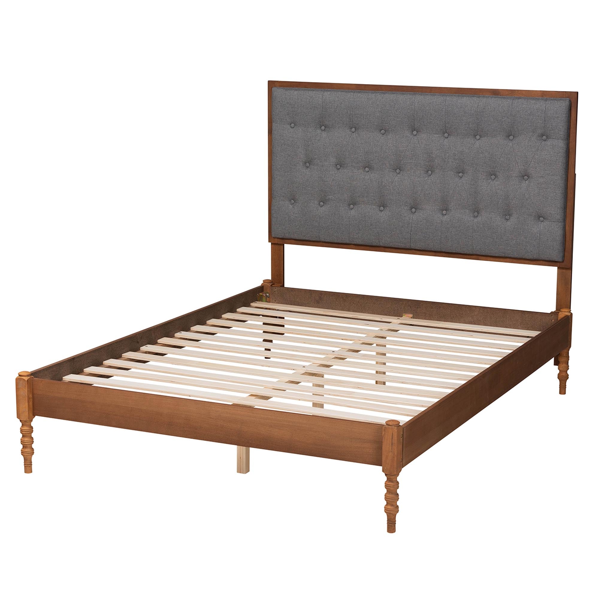 Odeya Classic And Traditional Grey Fabric And Walnut Brown Finished Wood Queen Size Platform Bed