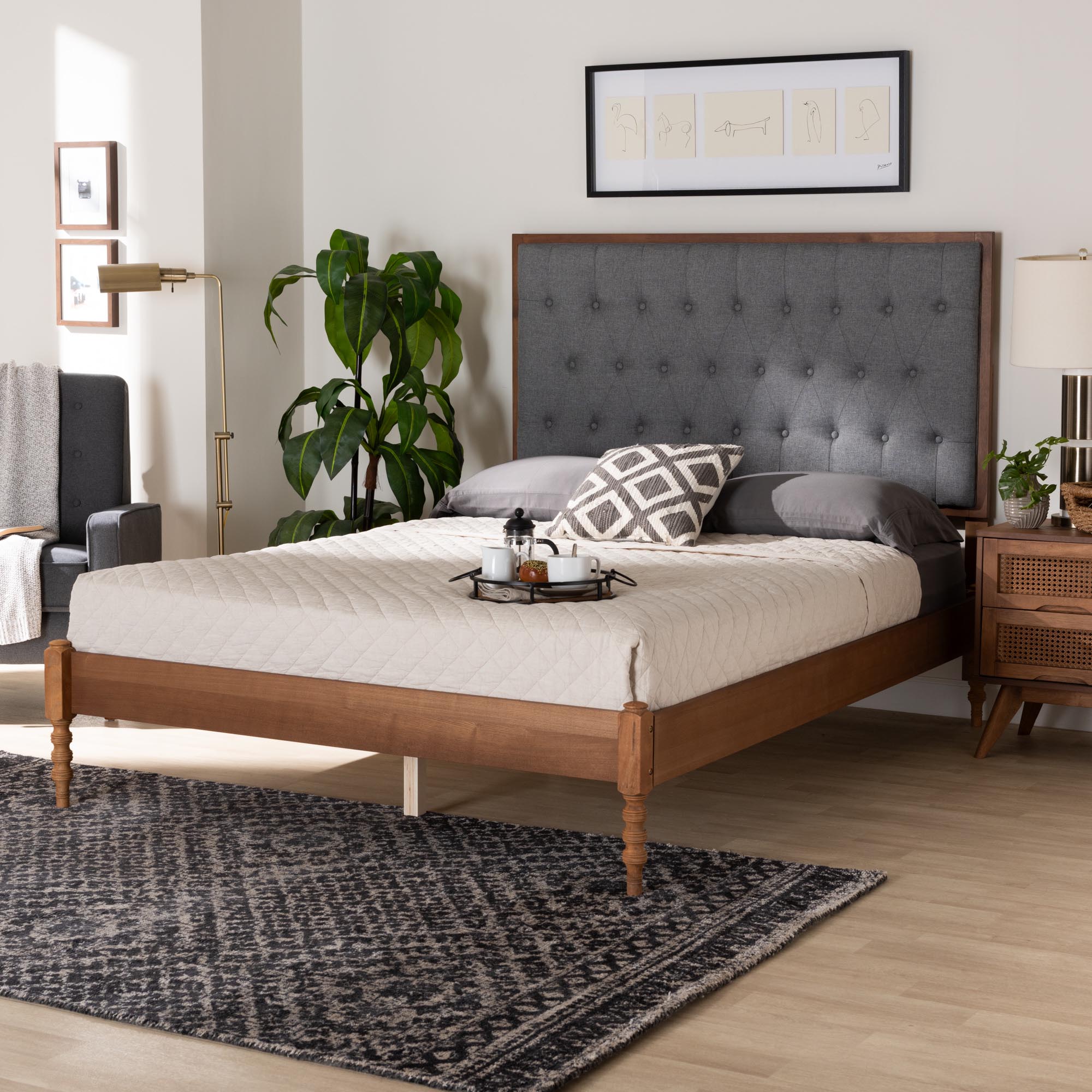 Odeya Classic And Traditional Grey Fabric And Walnut Brown Finished Wood Queen Size Platform Bed