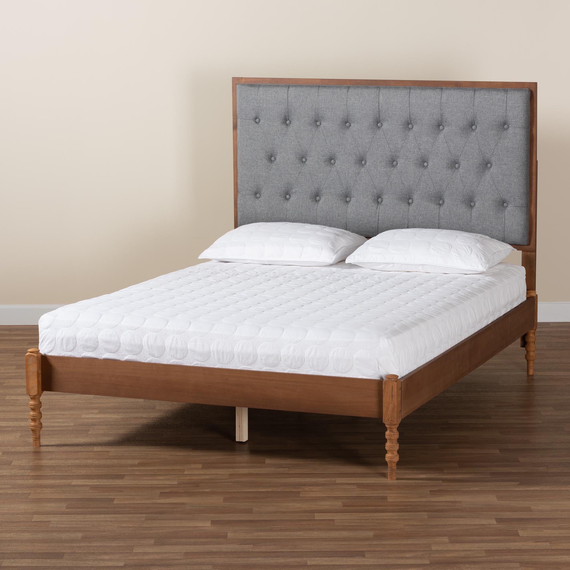 Odeya Classic And Traditional Grey Fabric And Walnut Brown Finished Wood Queen Size Platform Bed