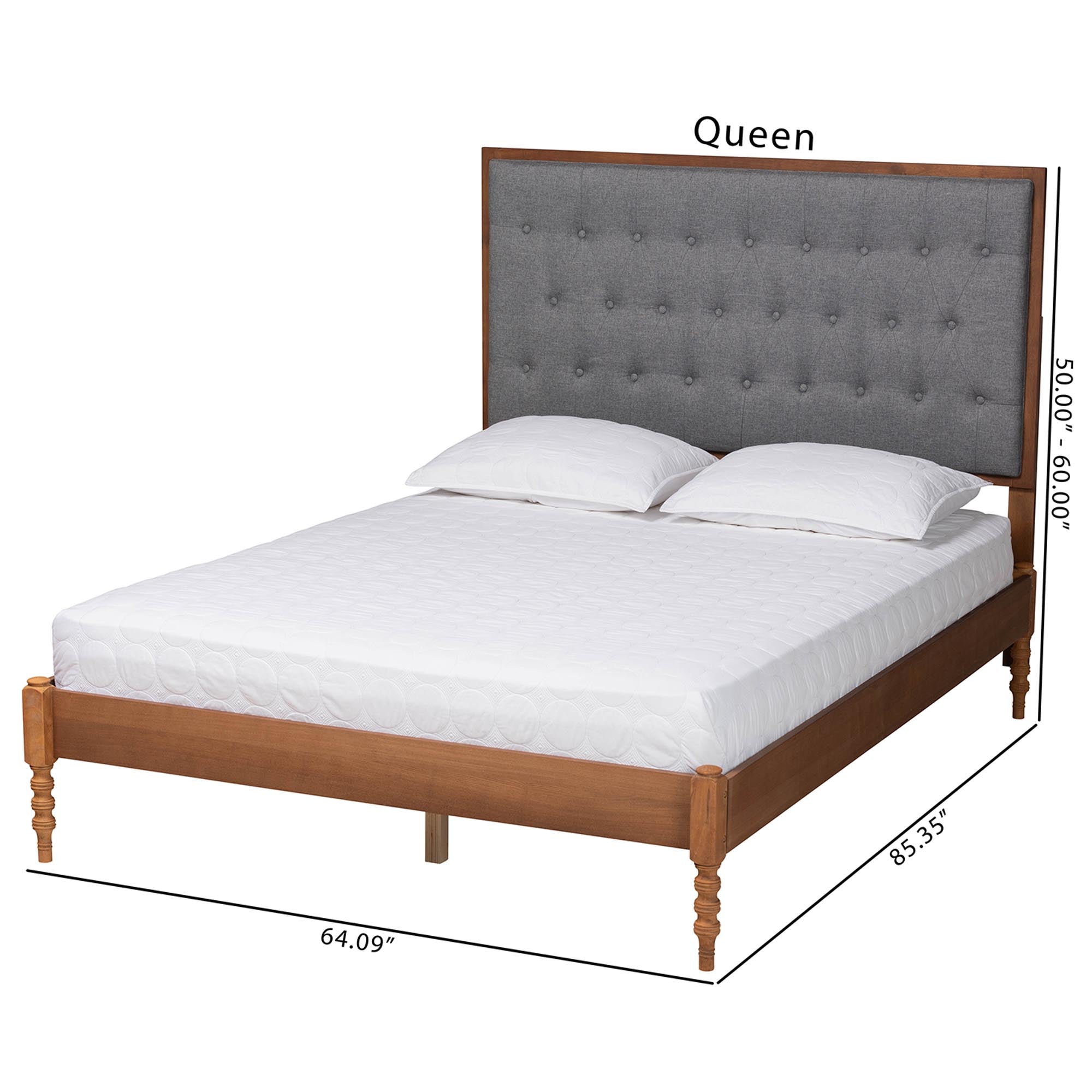 Odeya Classic And Traditional Grey Fabric And Walnut Brown Finished Wood Queen Size Platform Bed