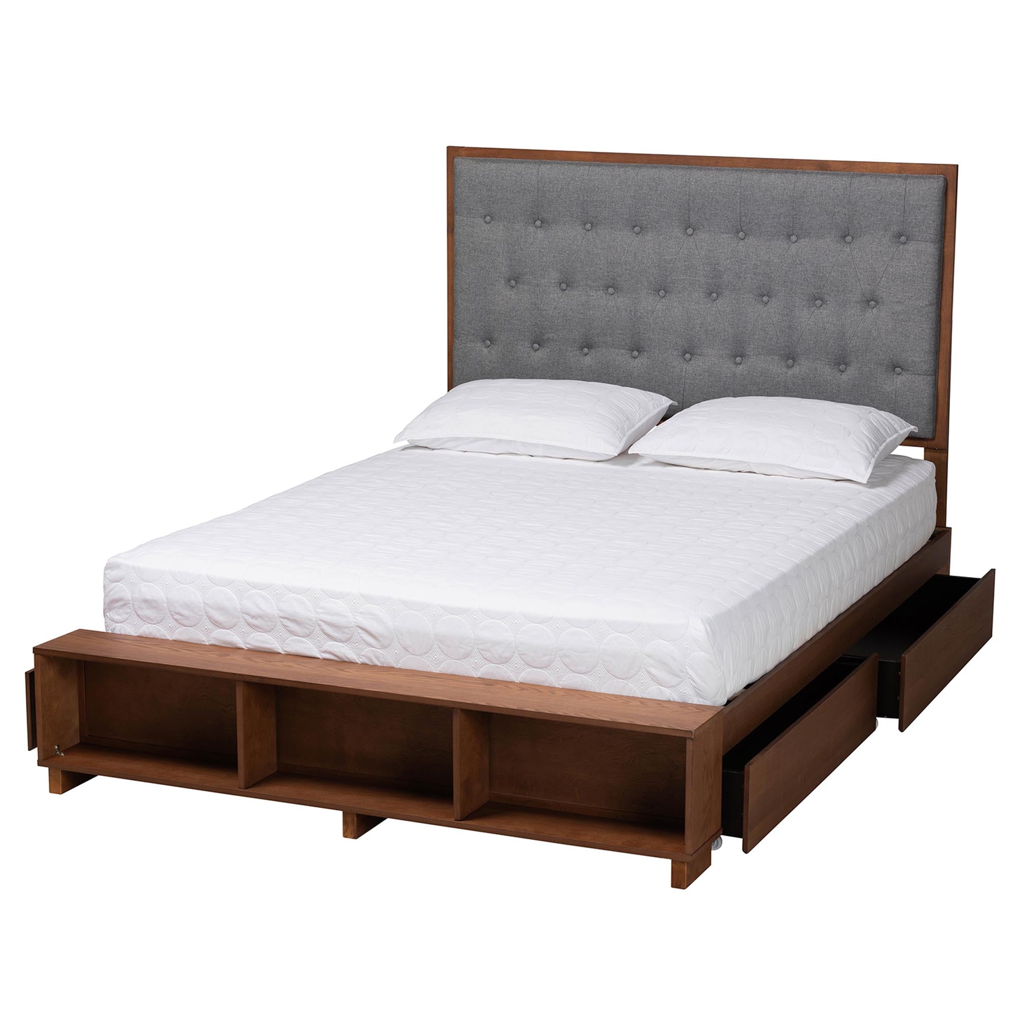 Jalie Classic Transitional Grey Fabric And Walnut Brown Finished Wood Queen Size Platform Storage Bed