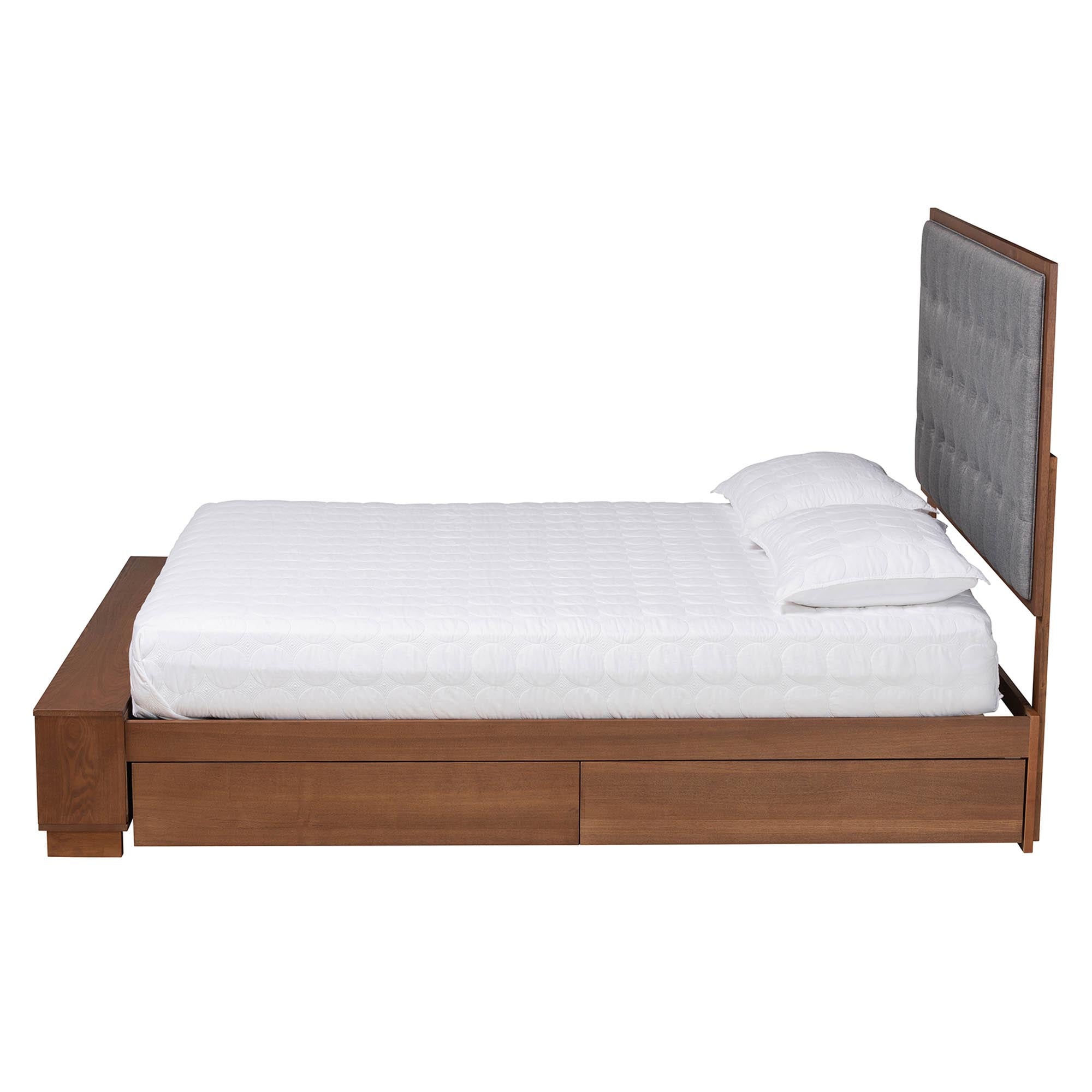 Jalie Classic Transitional Grey Fabric And Walnut Brown Finished Wood Queen Size Platform Storage Bed