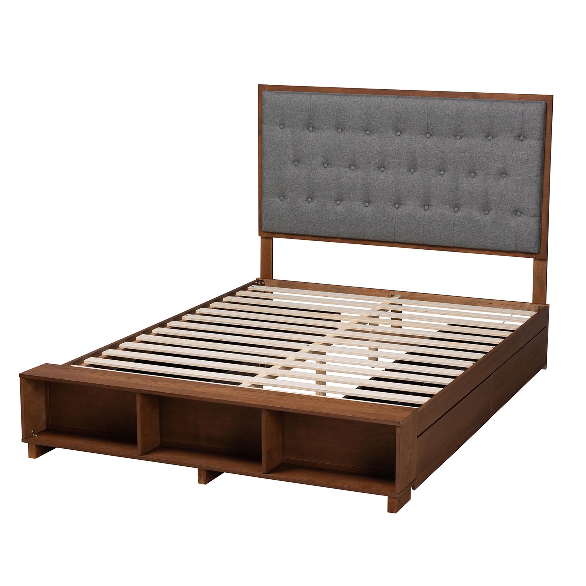 Jalie Classic Transitional Grey Fabric And Walnut Brown Finished Wood Queen Size Platform Storage Bed