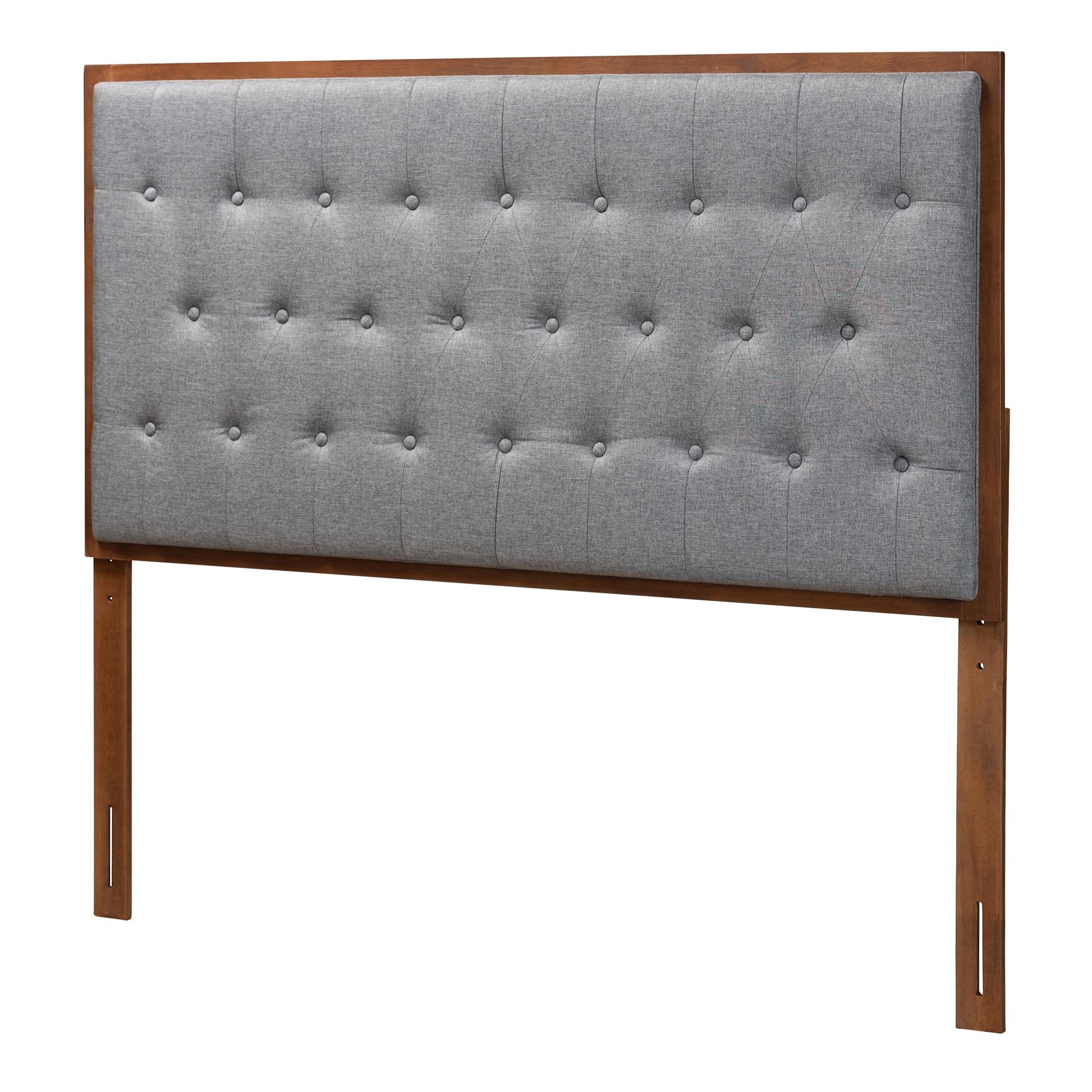 Harumi Classic and Traditional Grey Fabric and Walnut Brown Finished Wood King size Headboard