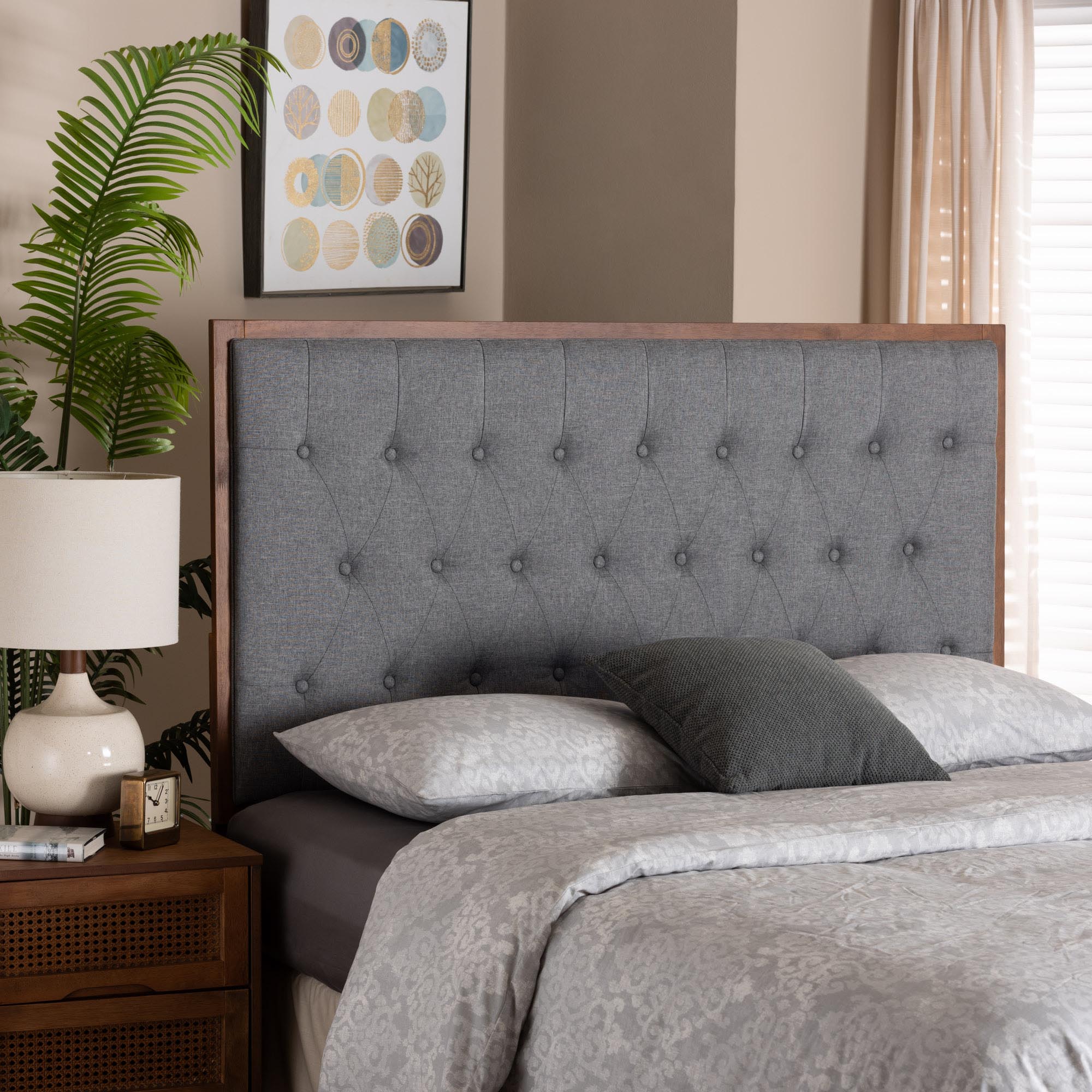 Harumi Classic and Traditional Grey Fabric and Walnut Brown Finished Wood King size Headboard