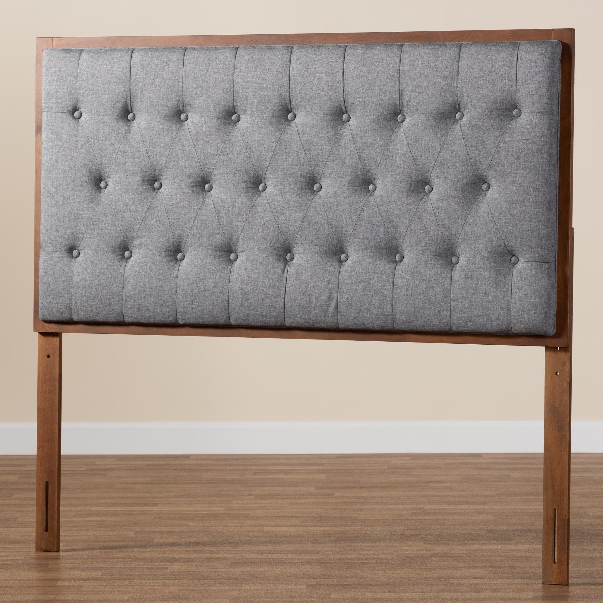 Harumi Classic and Traditional Grey Fabric and Walnut Brown Finished Wood King size Headboard