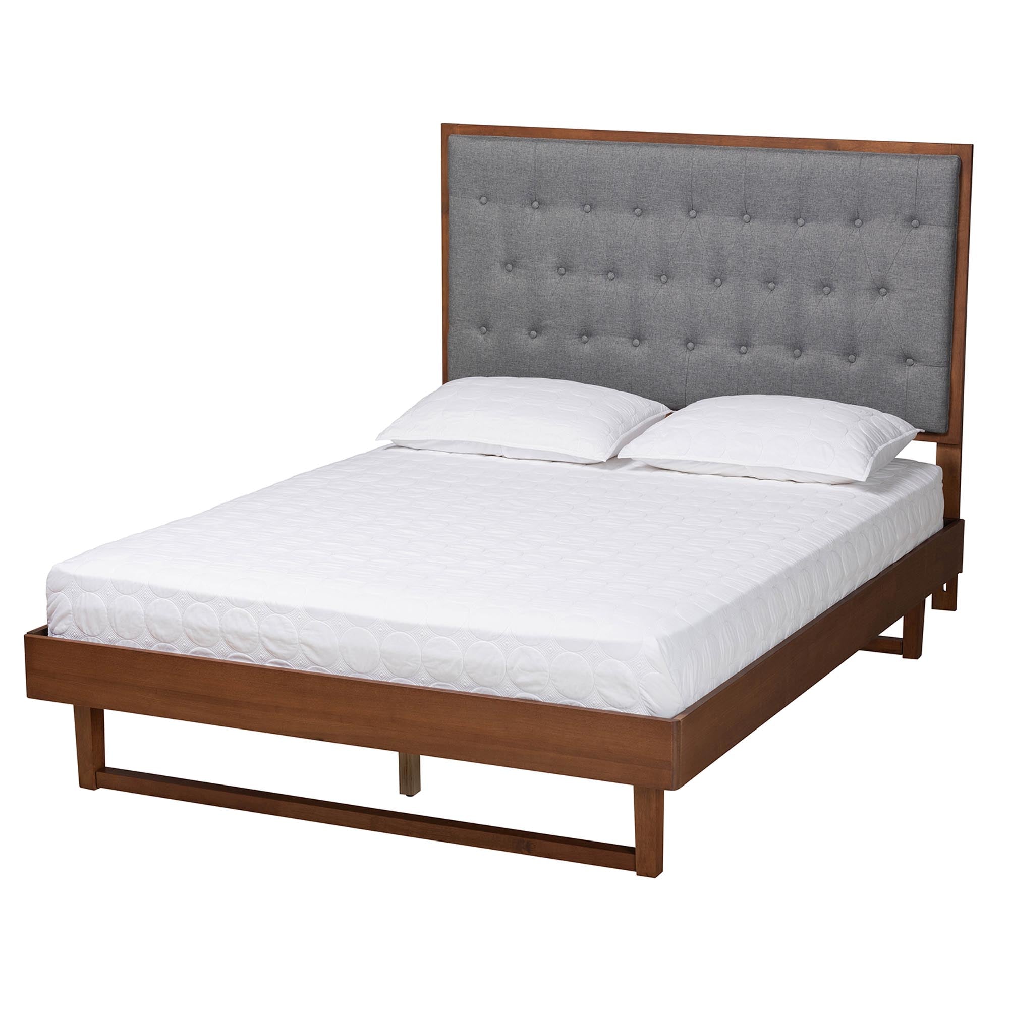 Bryn Classic And Traditional Grey Fabric And Walnut Brown Finished Wood King Size Platform Bed