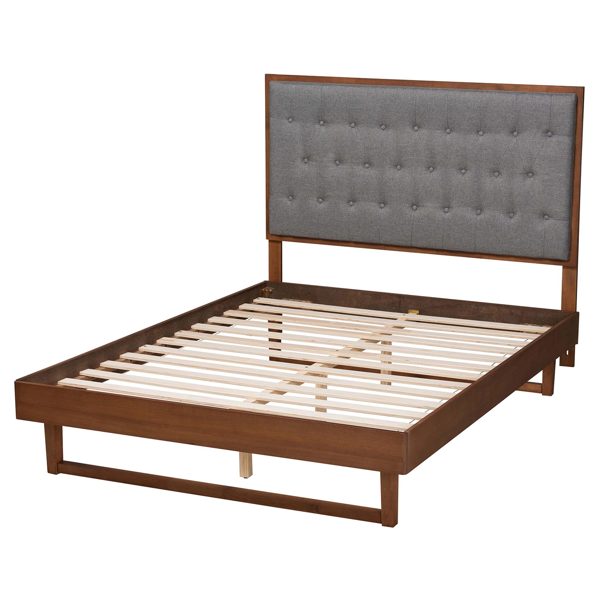 Bryn Classic And Traditional Grey Fabric And Walnut Brown Finished Wood King Size Platform Bed