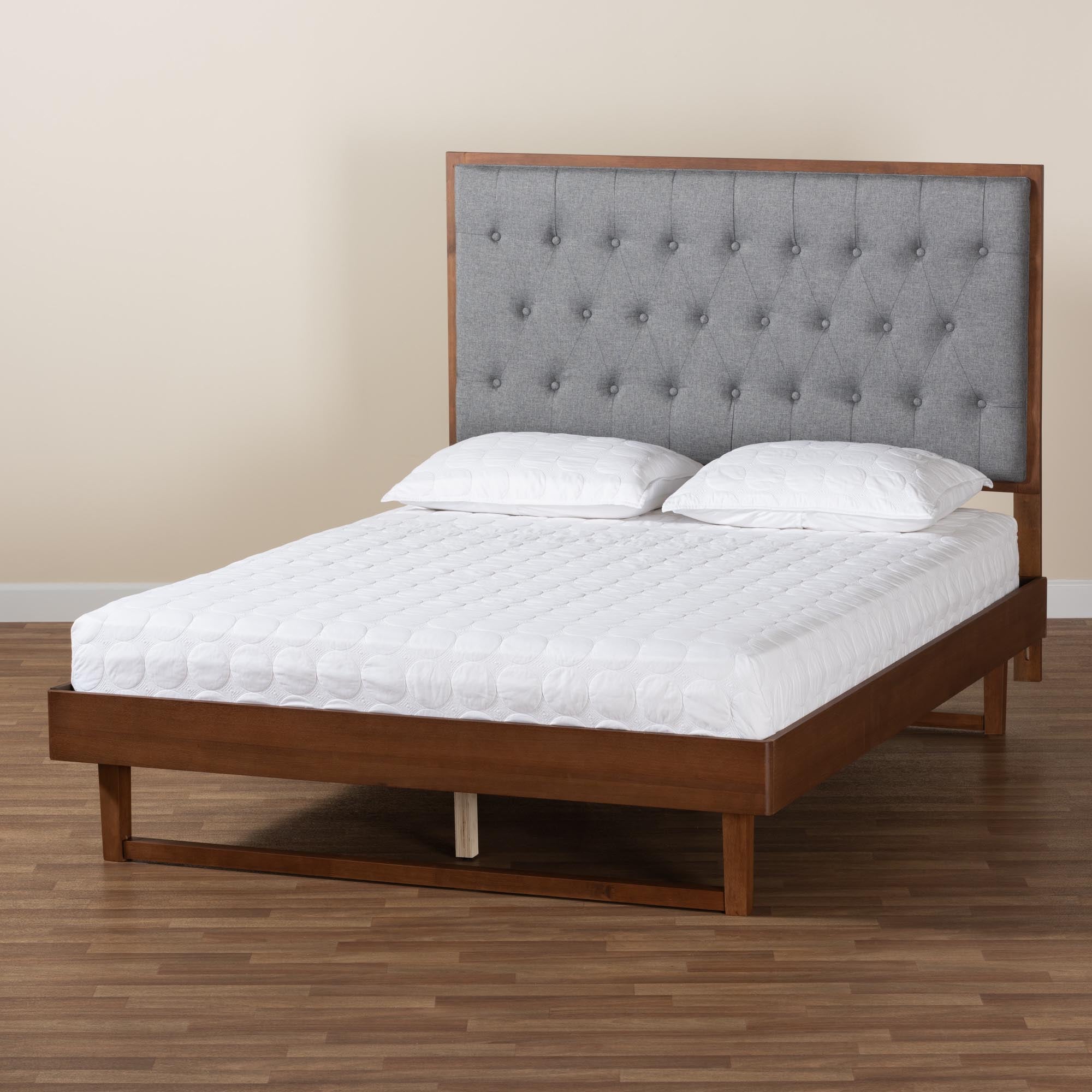 Bryn Classic And Traditional Grey Fabric And Walnut Brown Finished Wood King Size Platform Bed