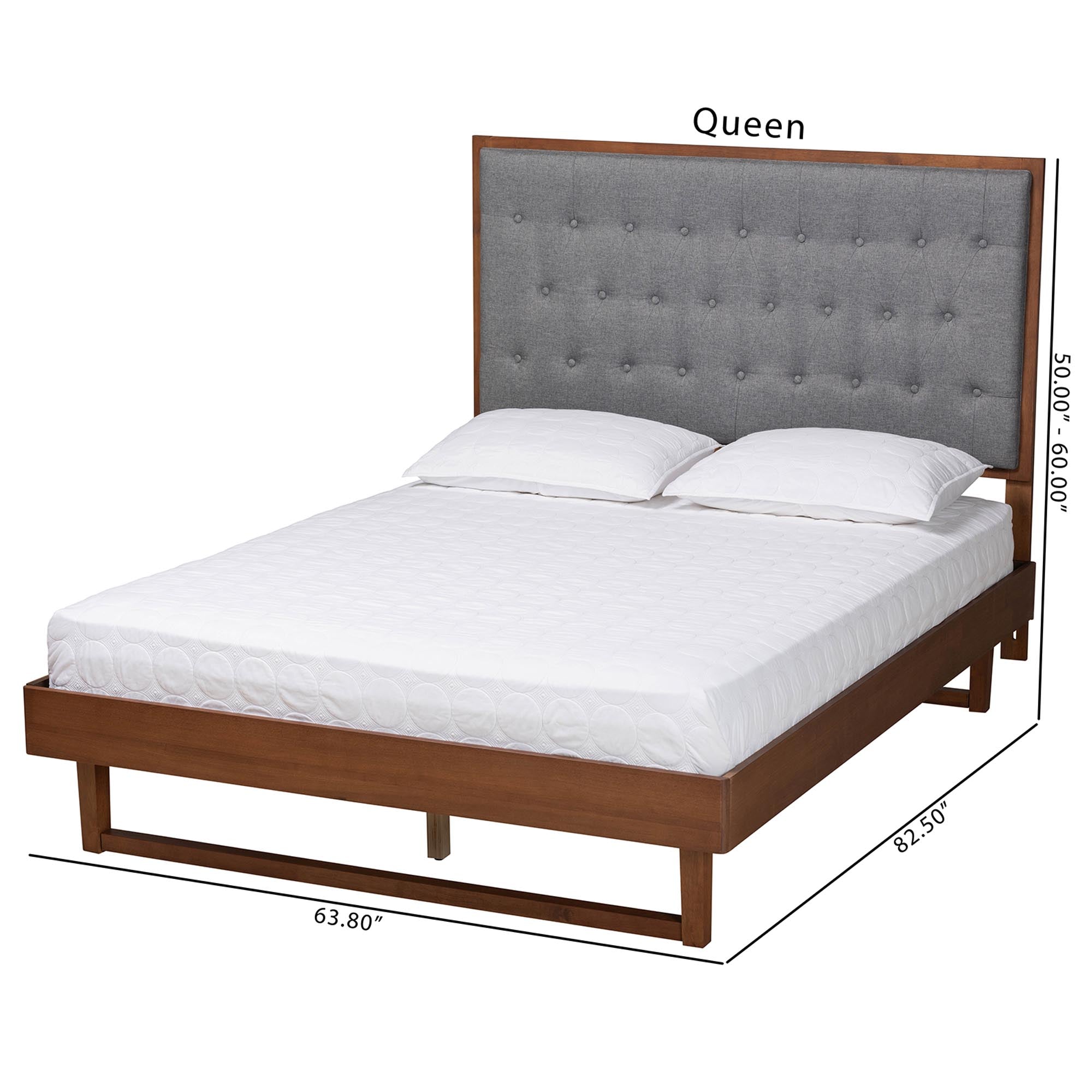 Bryn Classic And Traditional Grey Fabric And Walnut Brown Finished Wood Queen Size Platform Bed