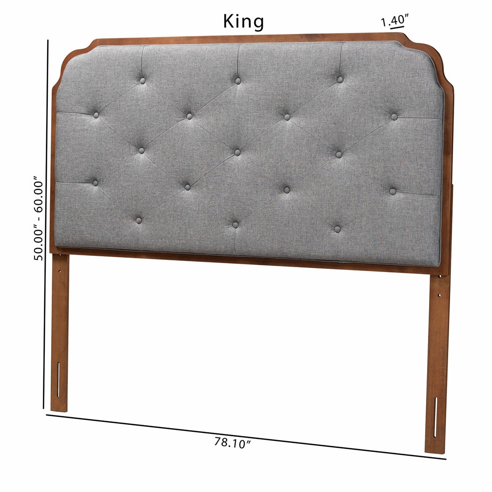 Shanti Classic and Traditional Grey Fabric and Walnut Brown Finished Wood King Size Headboard