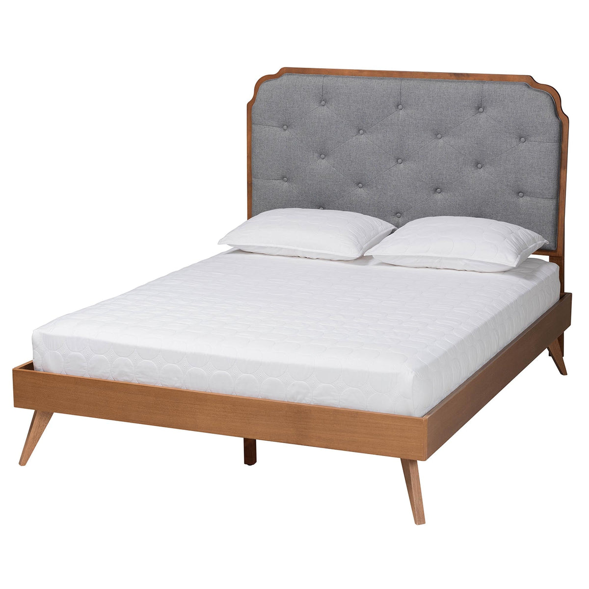 Claudius King Fabric Upholstered & Walnut Wood Platform Bed – Adjustable Height Mid‑Century